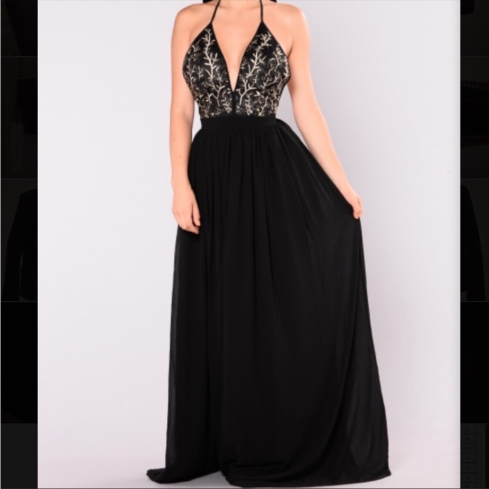 Black with gold embroidery halter dress